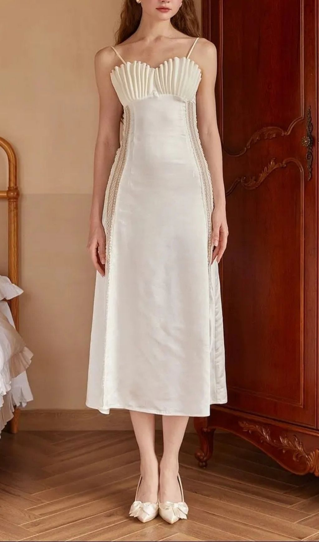 Marjorie Shell Pleated Satin Midi Dress In White