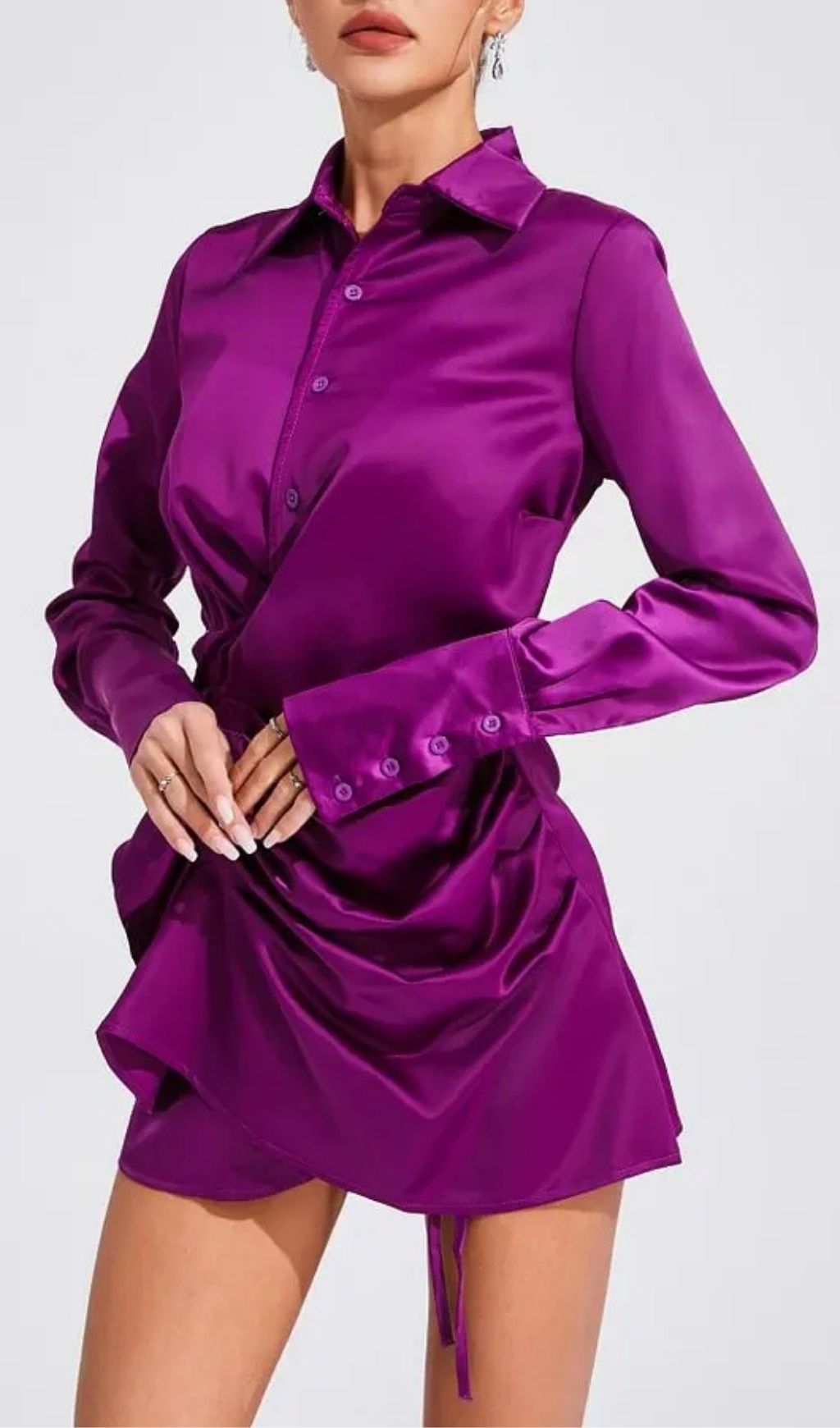 Tiffany Ruched Satin Shirt Mini Dress - Purple