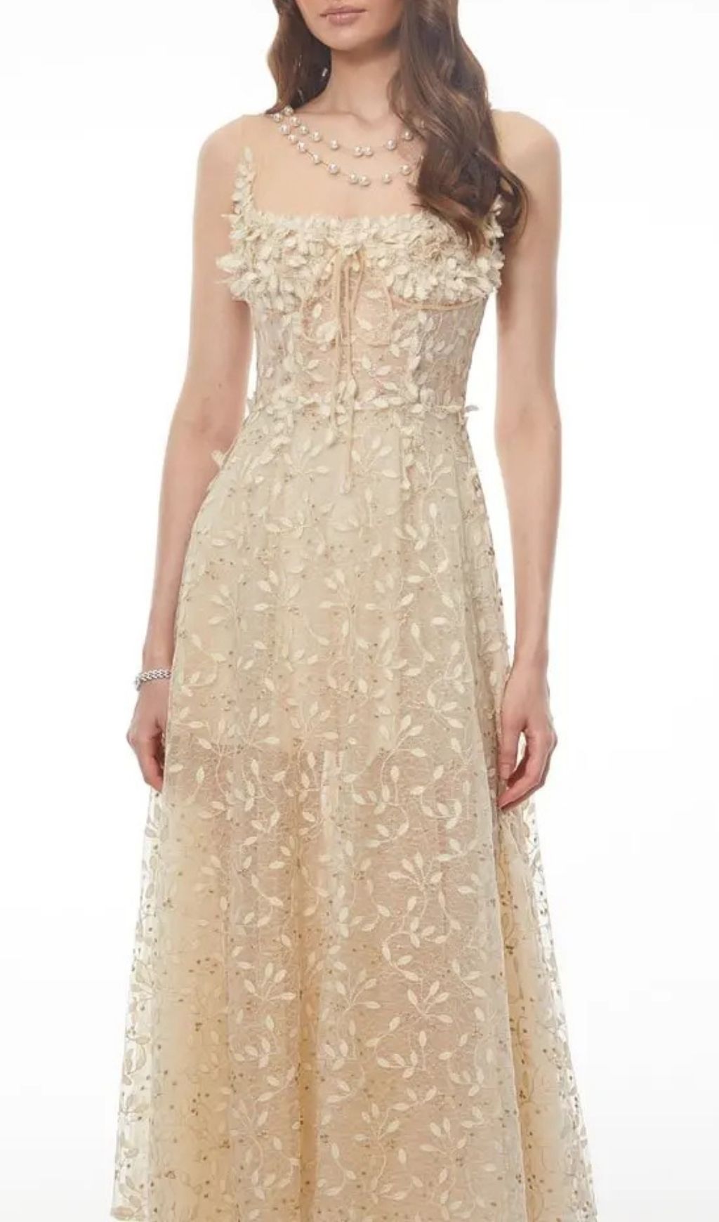 Gabriella Champagne Tulle Maxi Dress With 3D Petals