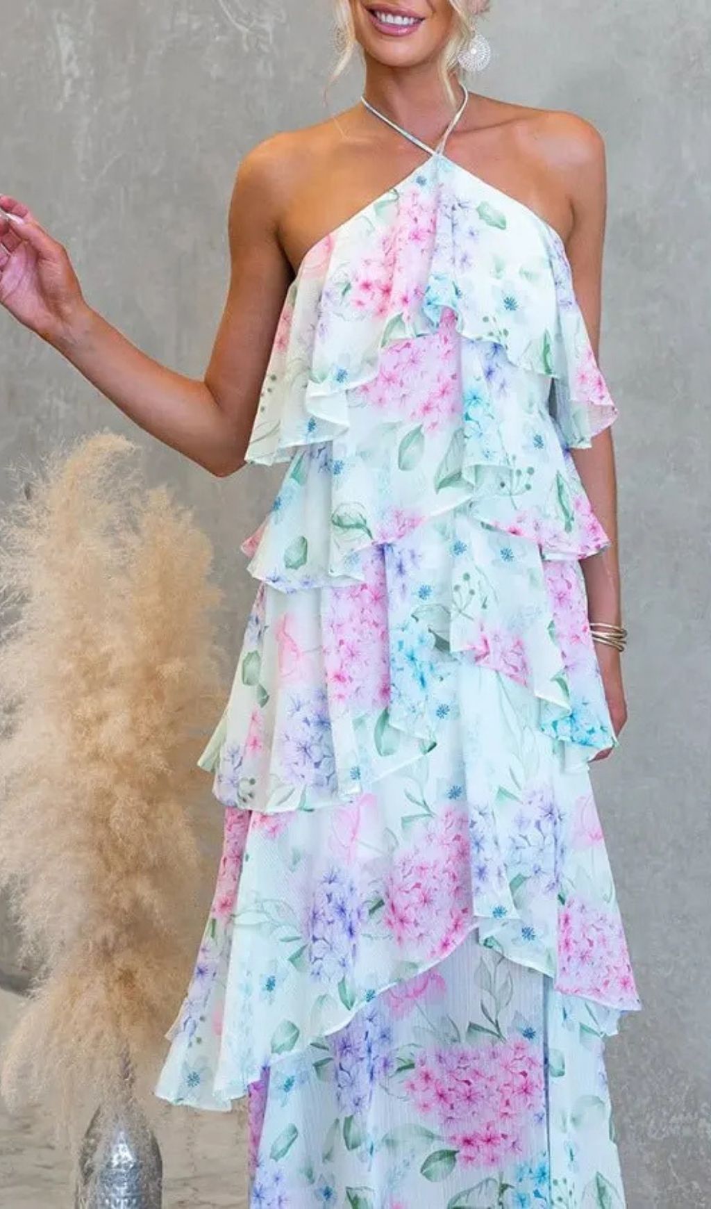 Floral Ruffle Halter Neck Midi Dress - Blue