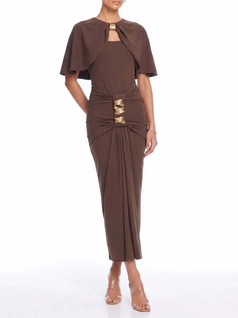 Lyvoria Cape Ruched Maxi Dress - OWNCI