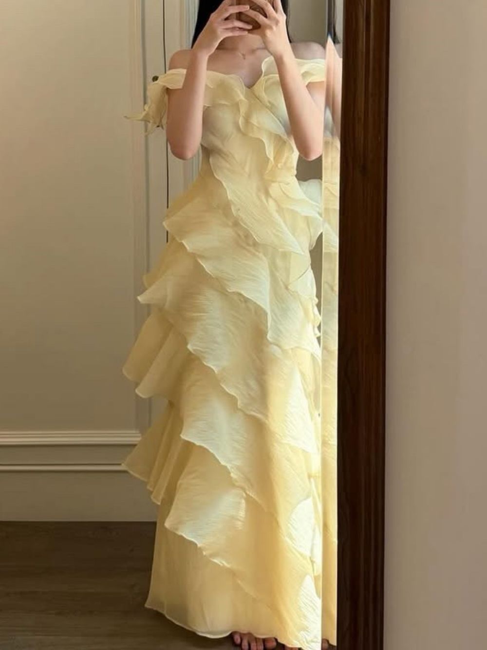 Off Shoulder Ruffled Layer Chiffon Maxi Evening Dress