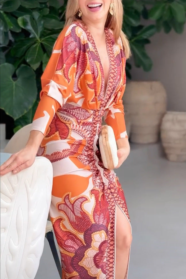 Orange Print V-Neck Long Sleeve Slit Dress