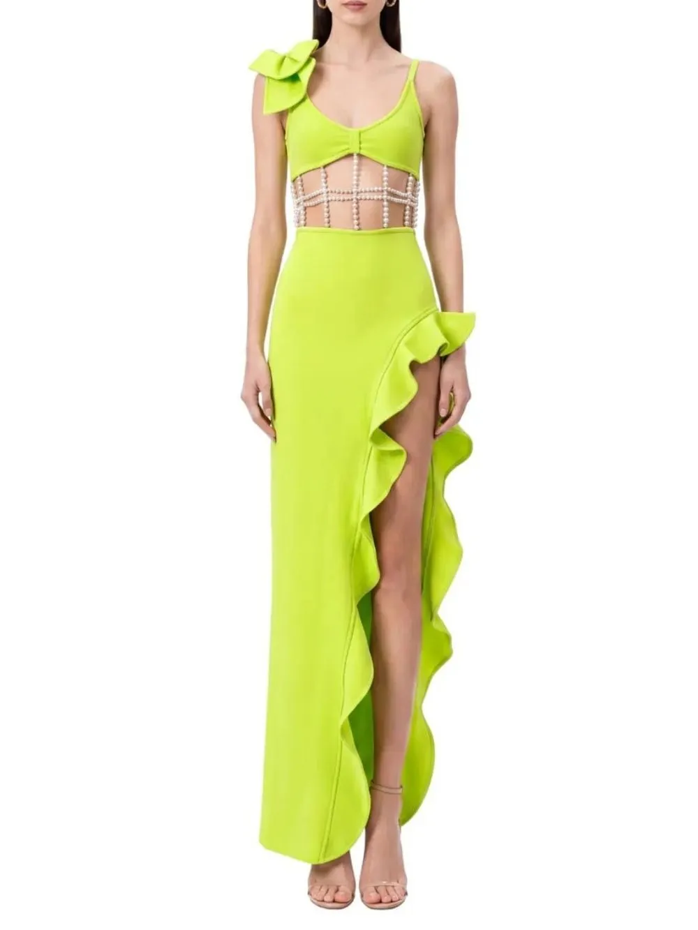 Nysora Pearl Split Maxi Dress In Chartreuse