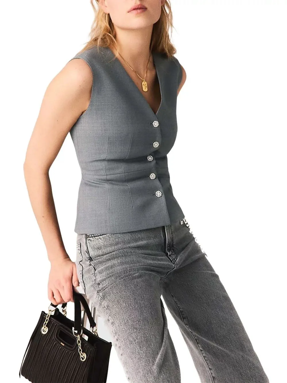 ad70e6a135f3db7352c6372d4540c170 Sleeveless Jewel Button Tailored Jacket