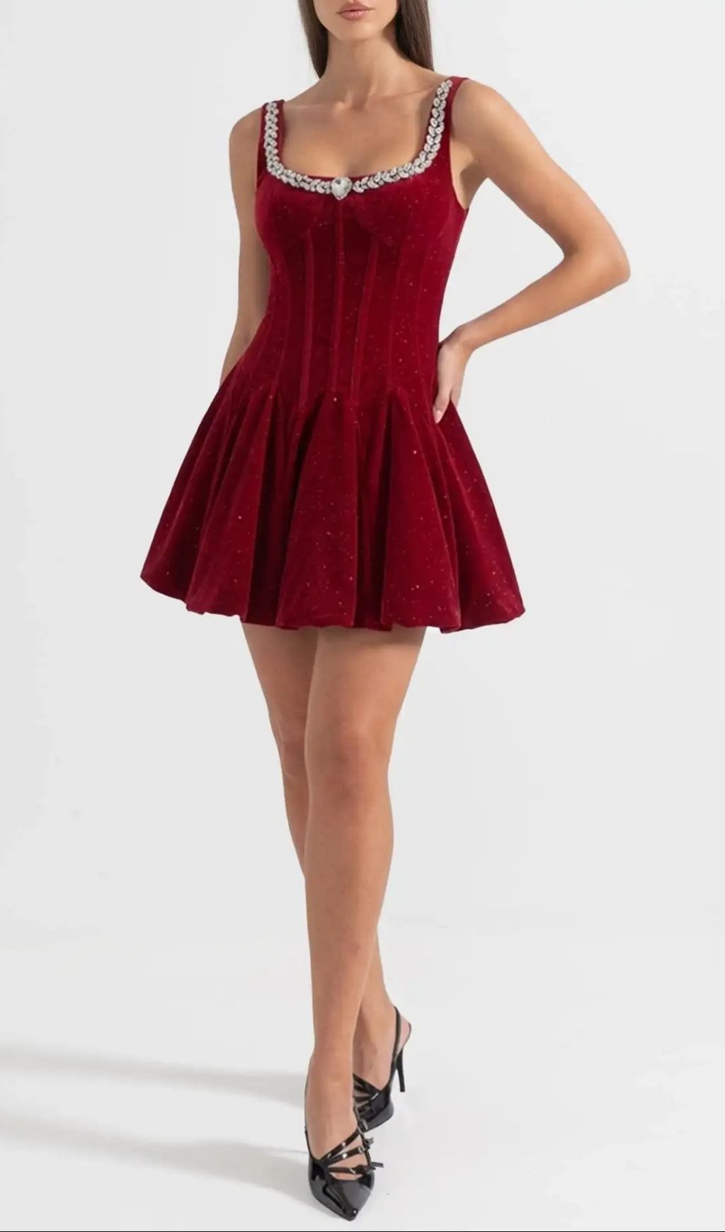 Vivien Burgundy Velvet Corset Mini Dress With Crystal-Embellished Neckline
