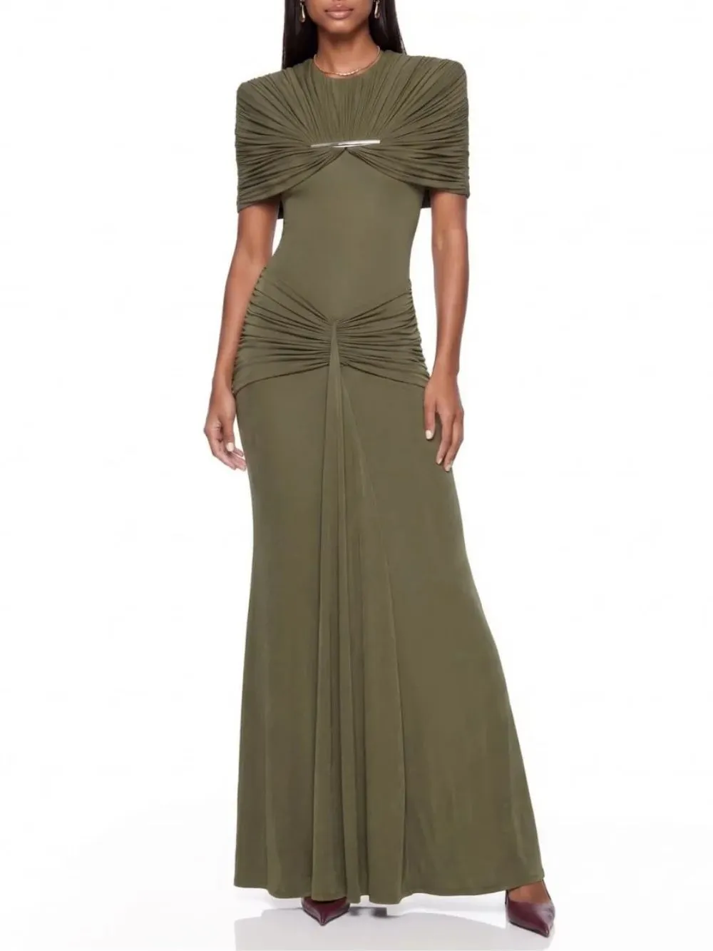 Quvion Shoulder Pad Ruched Maxi Dress In Olive - OWNCI Quvion Shoulder Pad Ruched Maxi Dress In Olive - OWNCI
