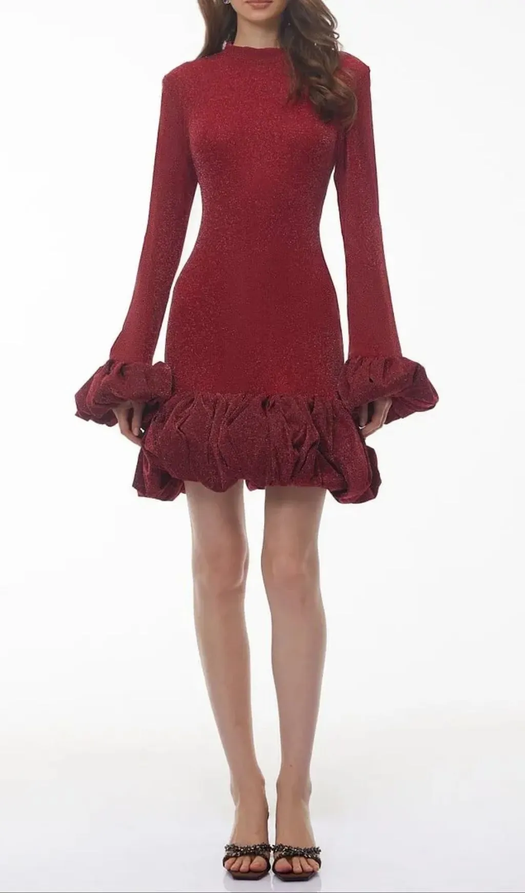 Tabitha Long Sleeve Midi Dress With Ruffled Trim - Burgundy