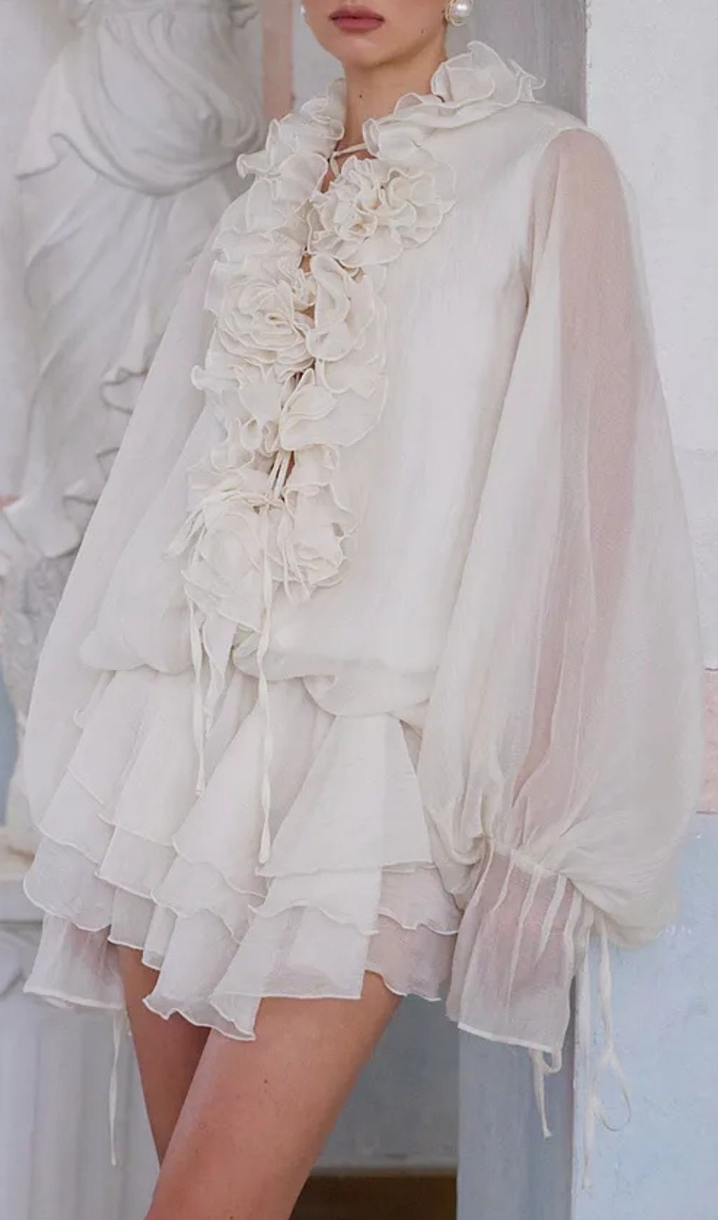 Zéphyrine Floral-Appliqué Tiered Mini Dress In Neutrals