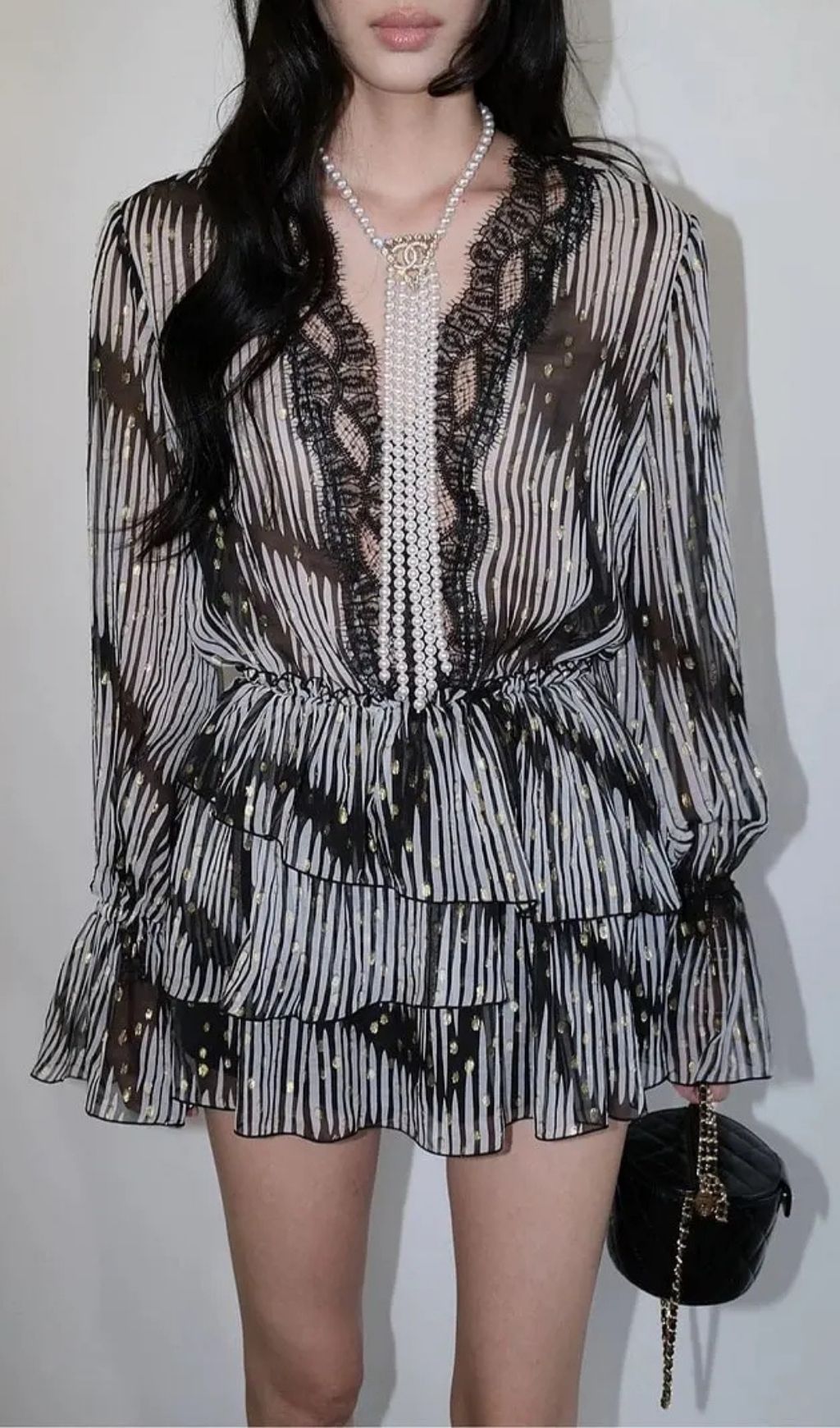 Georgia Lace V-Neck Printed Gold Leather Jacquard Mini Shirt Dress - Black