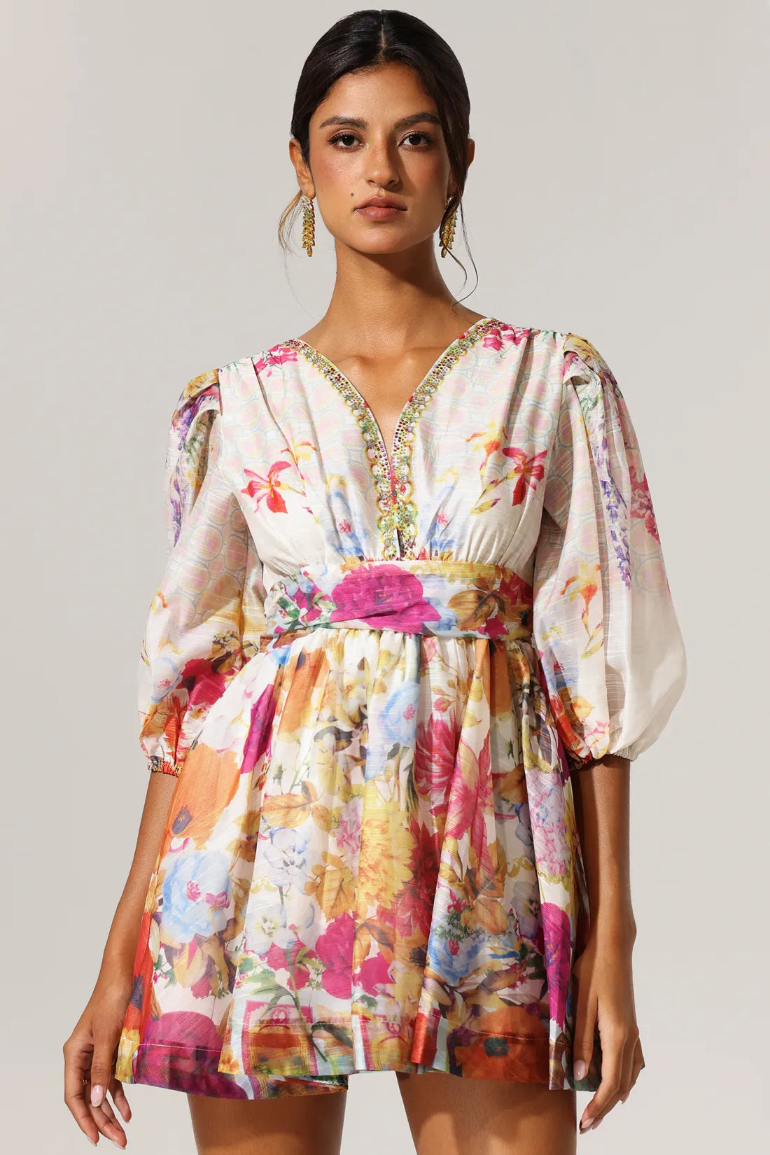 Xanthe V-Neck Floral Billow Sleeve Mini Dress