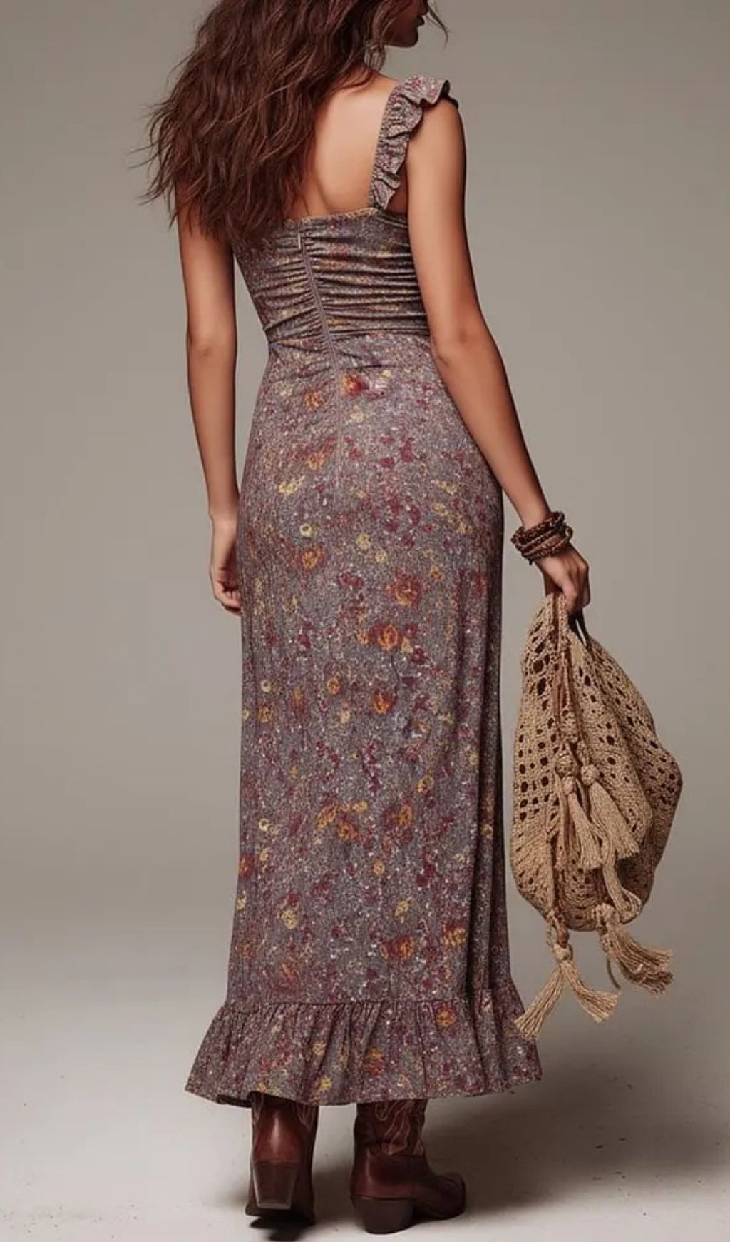 Fashionslee Women Grayish-purple Pleated Floral Print Slit Maxi Dress