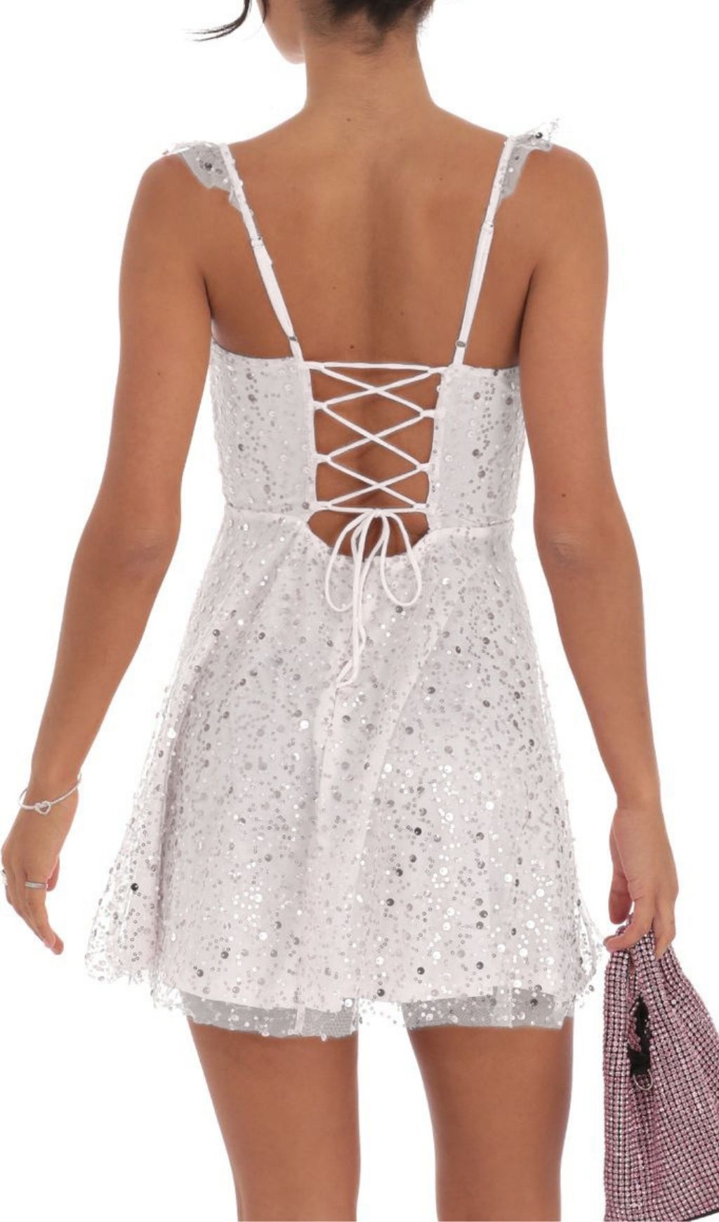 Sequin White Tulle Skater Mini Dress With Ruffled Straps - OWNCI