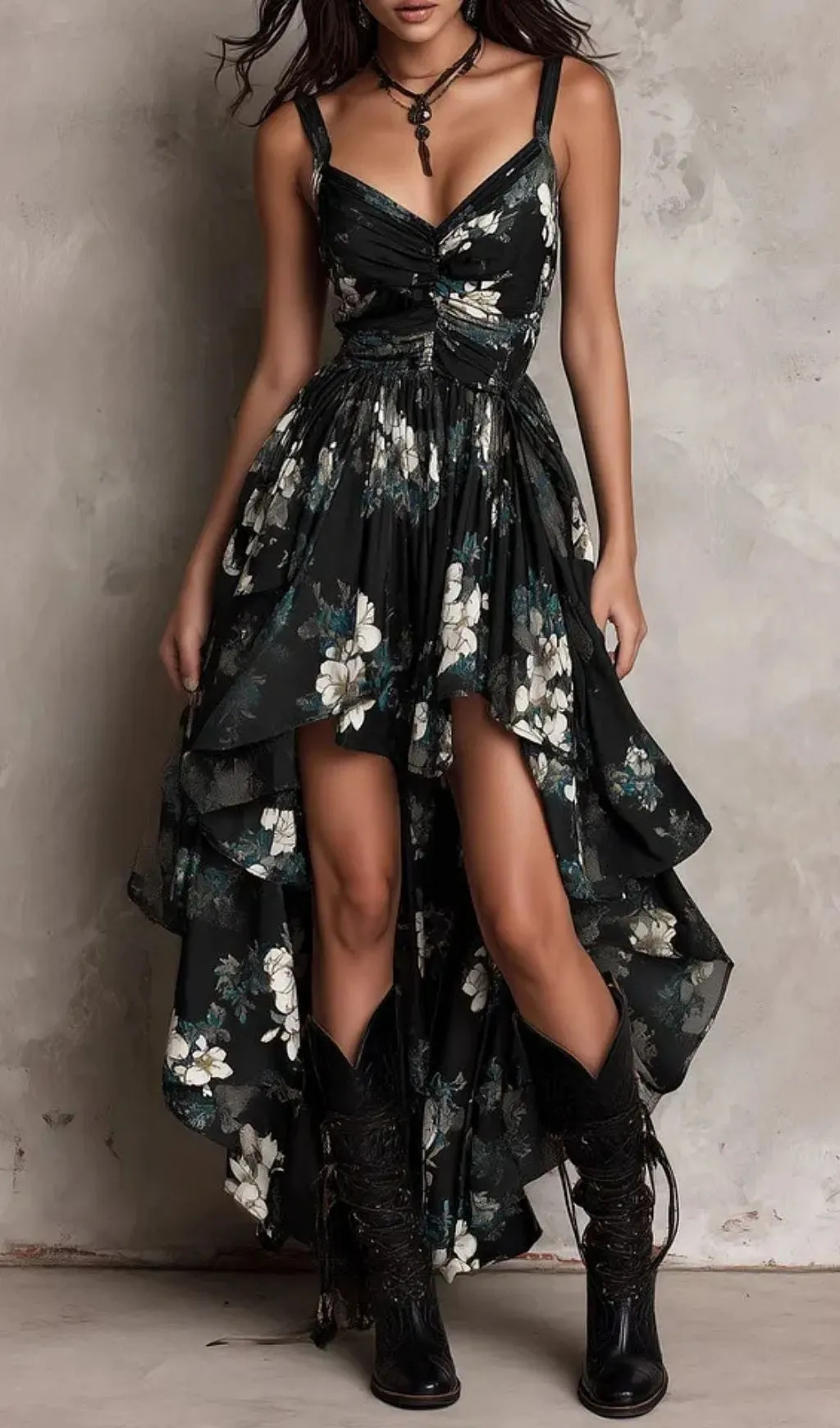 Fashionslee Women Black Bohemian Floral Print Irregular Strapless Maxi Dress