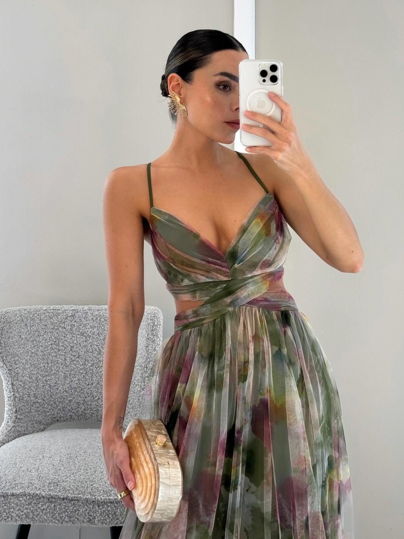 Elegant Painted Floral Print V-Neck A-Line Maxi Dress - OWNCI