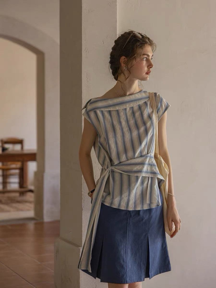 Cross-Shoulder Off-Shoulder Off-Line Cotton Woven Jacquard Striped Shirt