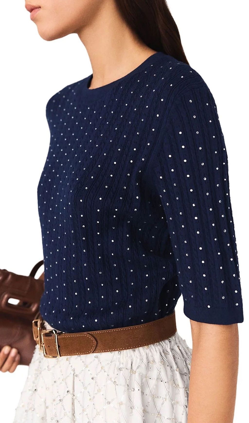 Fashionslee Women Round Neck Rhinestone Sweater
