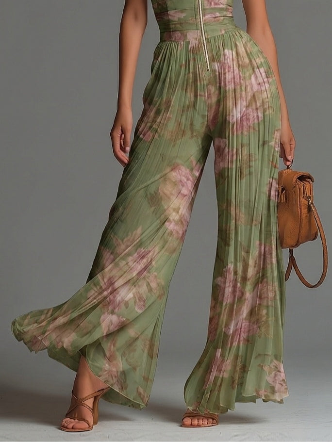 af8c398fe6a238cac7eefb13ed445acc Green Floral V-neck Sleeveless Zip-up Pleated Wide-leg Chiffon Jumpsuit