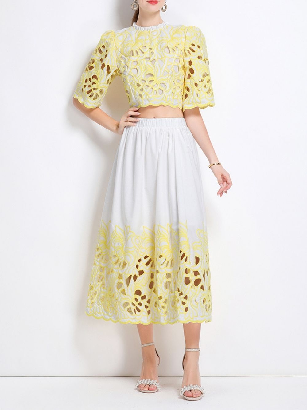 Mahira Yellow Flower Embroidery Two-Piece Set - OWNCI Mahira Yellow Flower Embroidery Two-Piece Set - OWNCI