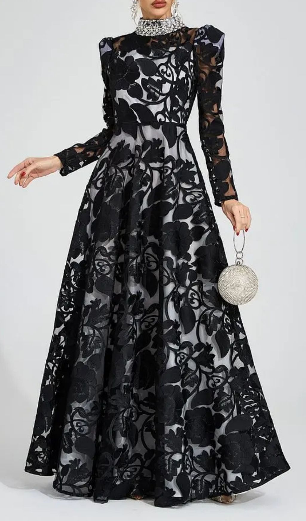 Sheila Black Diamond Embroidered Tulle Maxi Dress