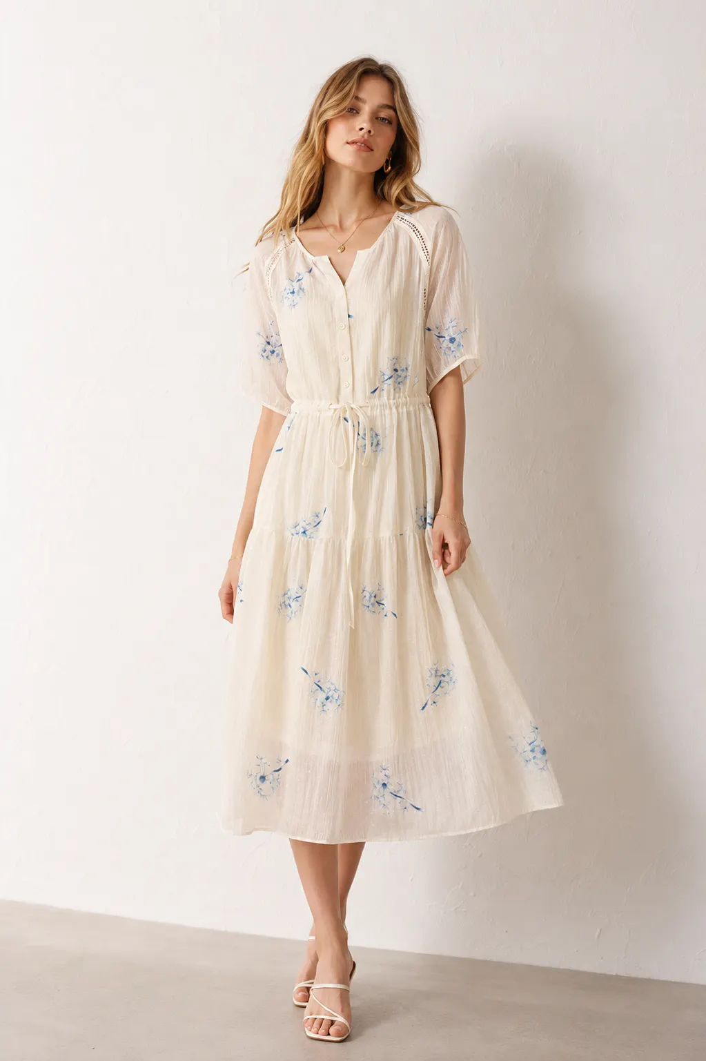 Nora Waisted V-Neck Embroidered Dress