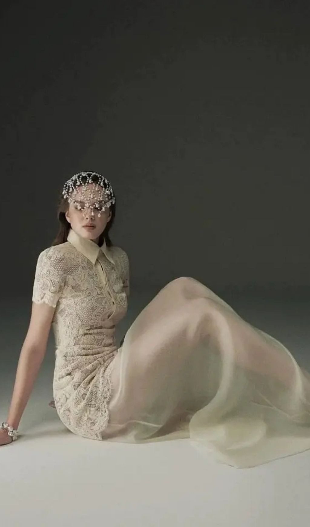 Beige Lace Overlay Collared Maxi Dress With Organza Skirt