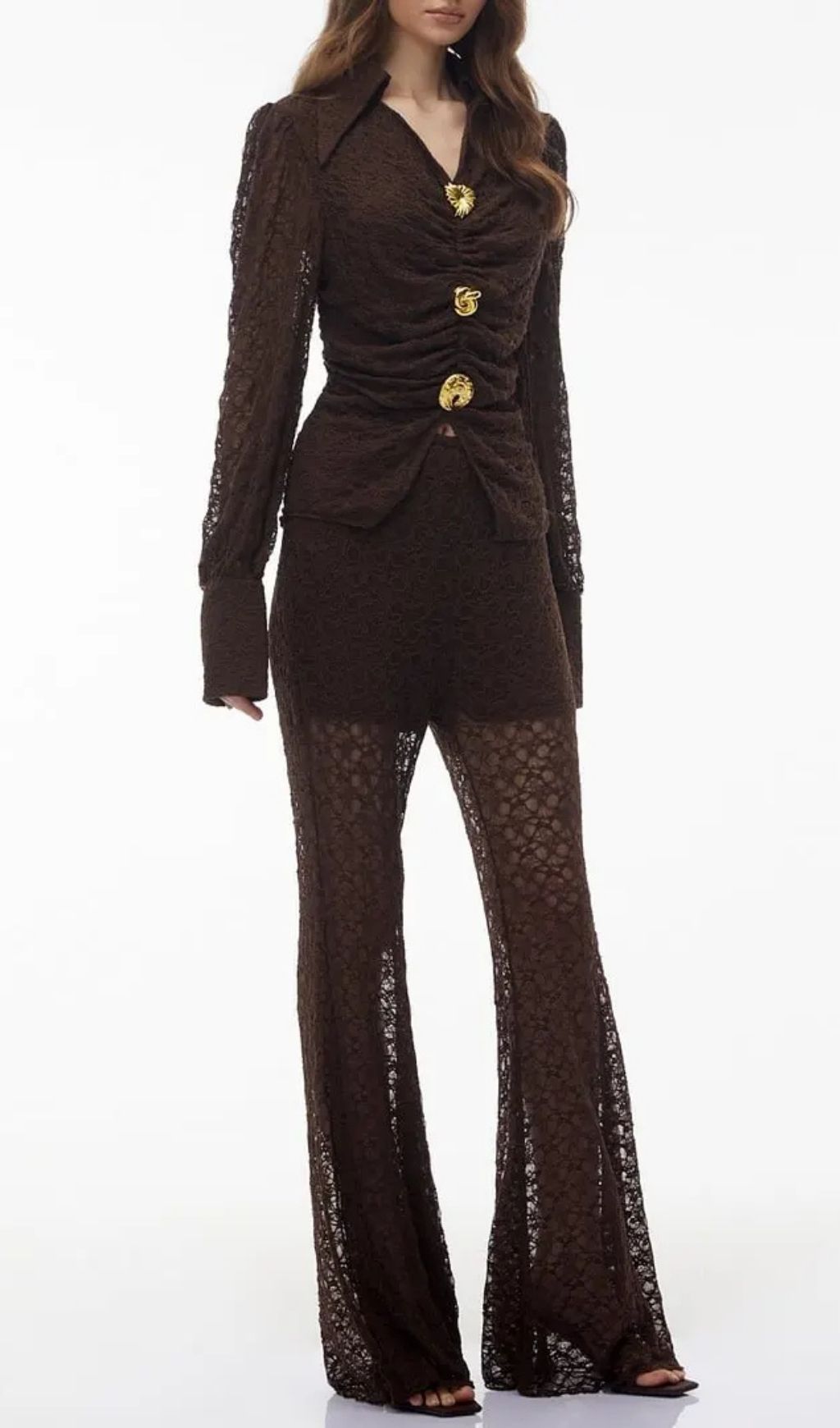 b09130fa85eff46e125ed38b38d06700 Karen Brown Floral Lace Hollow Top & Trouser Set