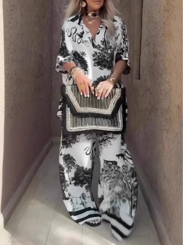 Casual V-Neck Printed Short-Sleeved Top And Wide-Leg Pants Set - OWNCI