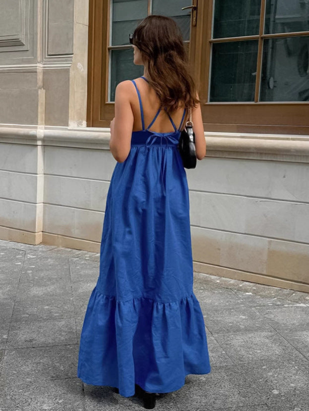 Blue V-Neck Camisole Linen A-Line Maxi Dress