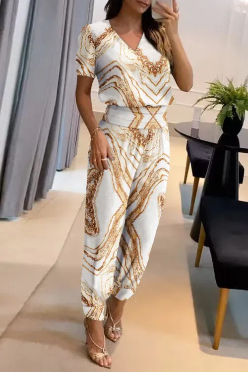 Casual V-Neck Printed Short Sleeve Long Pants Two-Piece Set - OWNCI