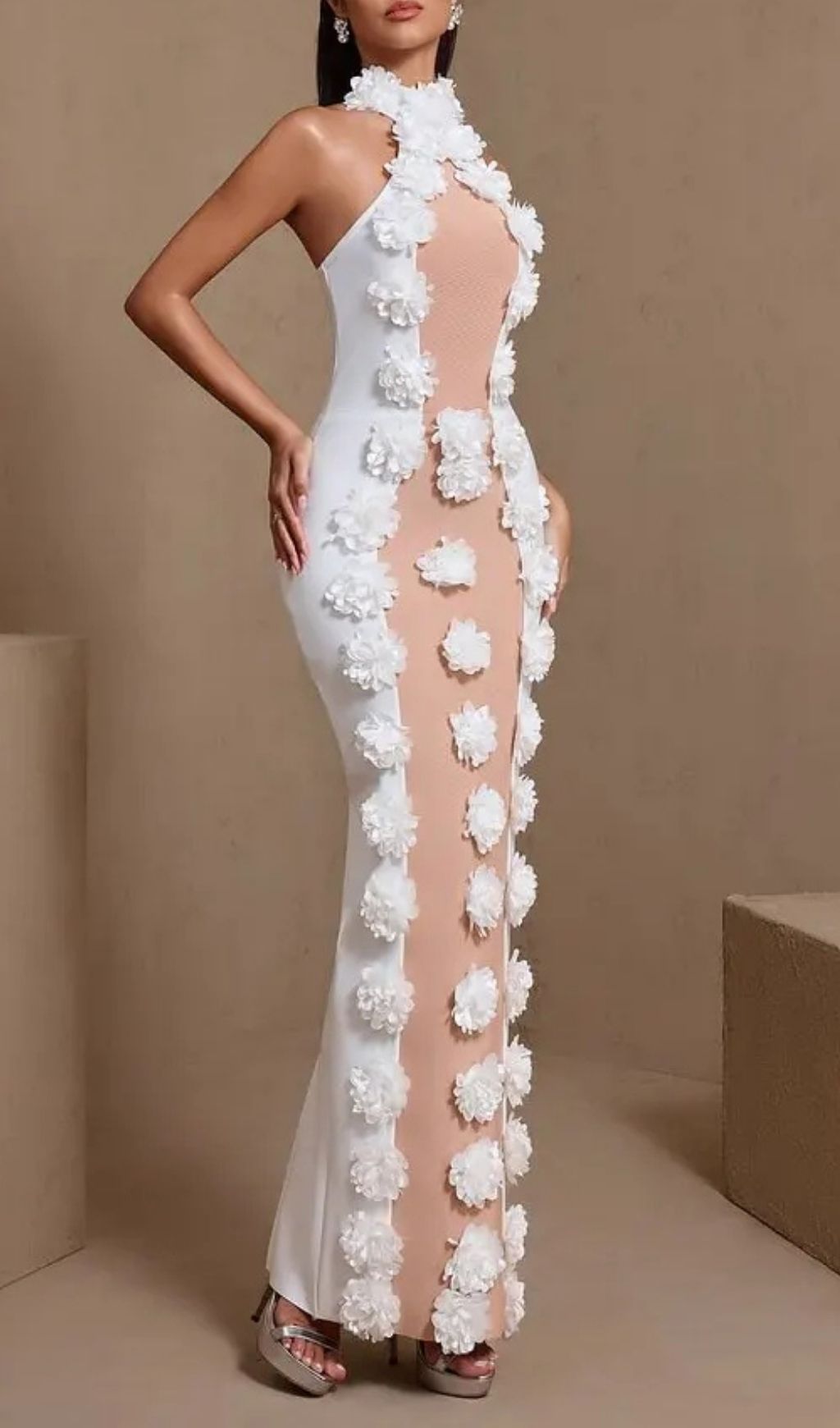 Jennifer White Halter Neck 3D Flowers Bandage Maxi Dress
