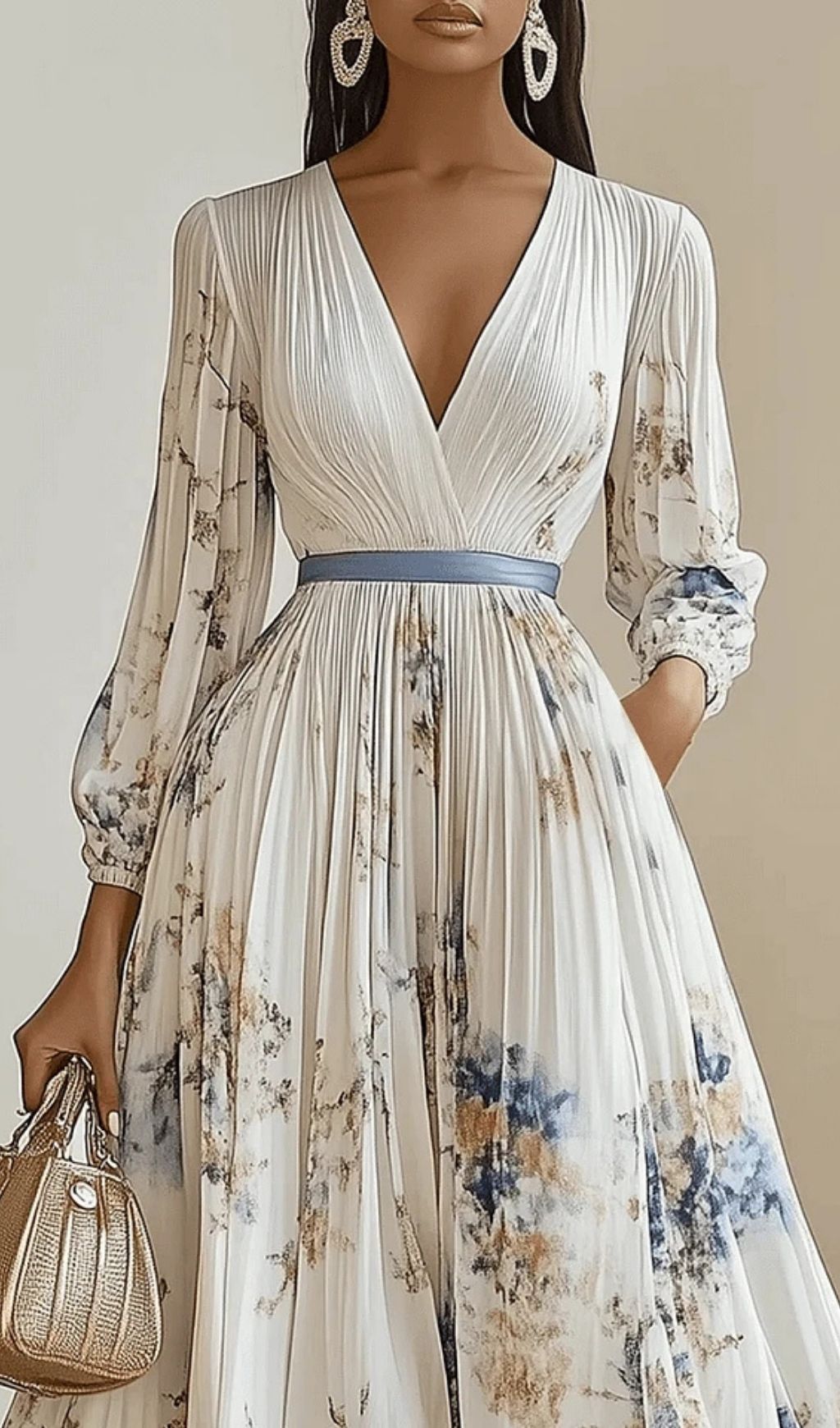 Fashionslee Women Spring New White Pleated Chiffon V Neck Floral Long Sleeve Balloon Sleeve A-Line Maxi Dress