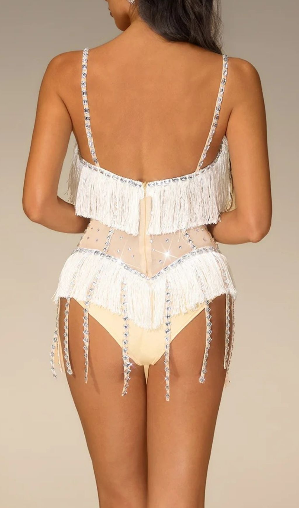 Fashionslee Women Verano Spaghetti Rhinestone Fringe Bodysuit