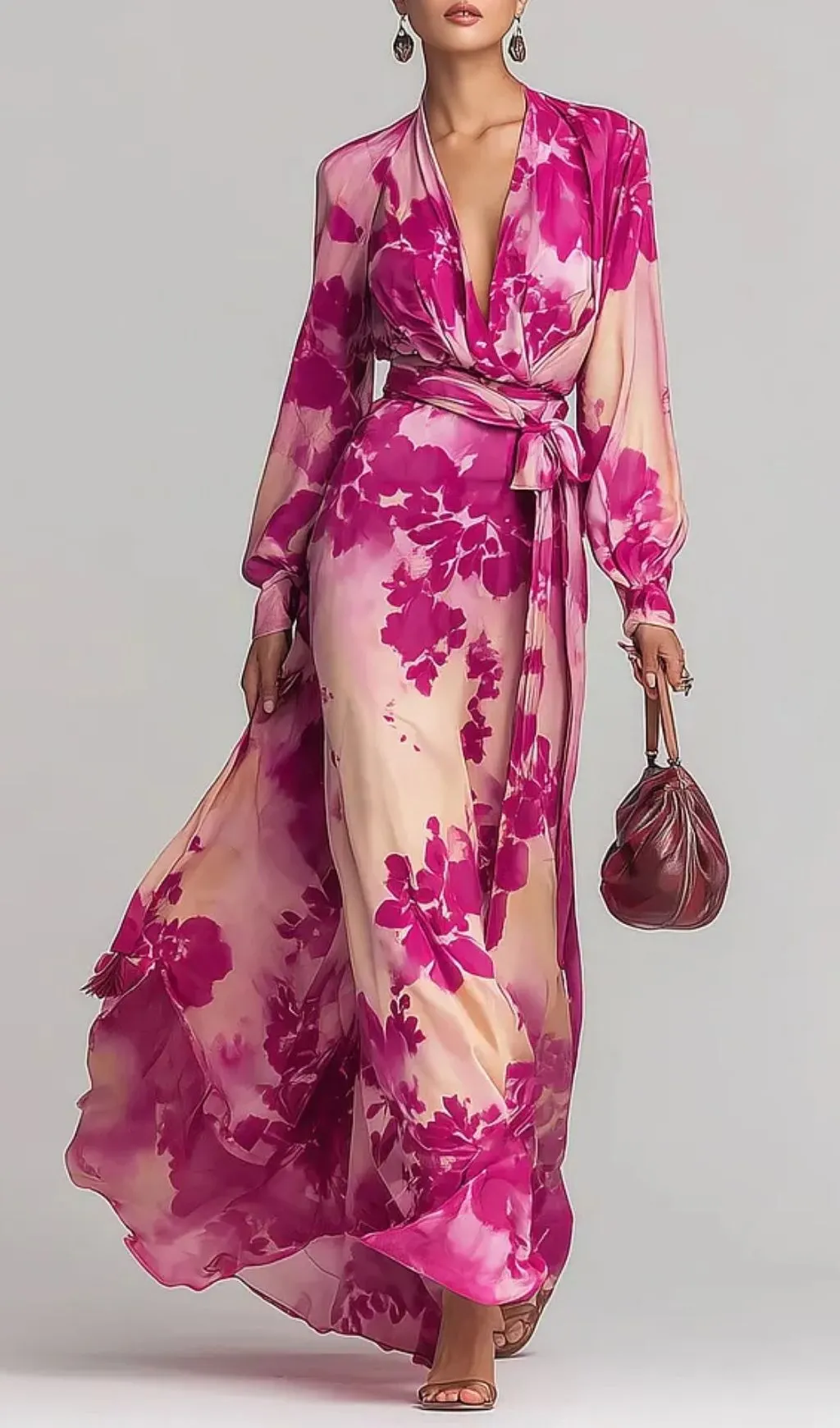 Fashionslee Women Rose Red Floral V-neck Belted Maxi Dress