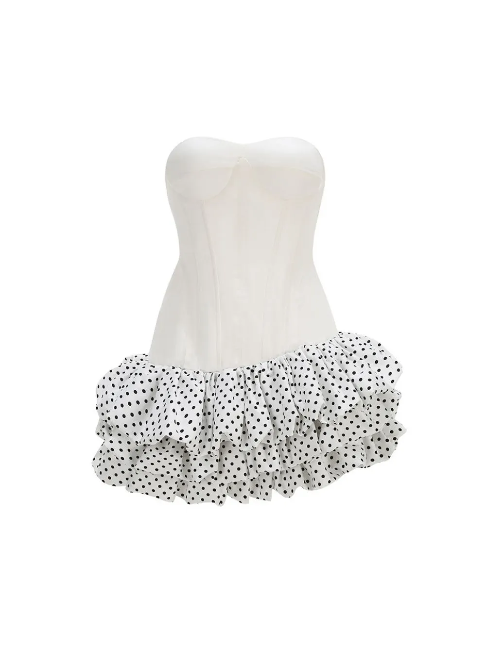 Maleni White Strapless Bustier Polka Dot Bubble Dress - OWNCI Maleni White Strapless Bustier Polka Dot Bubble Dress - OWNCI