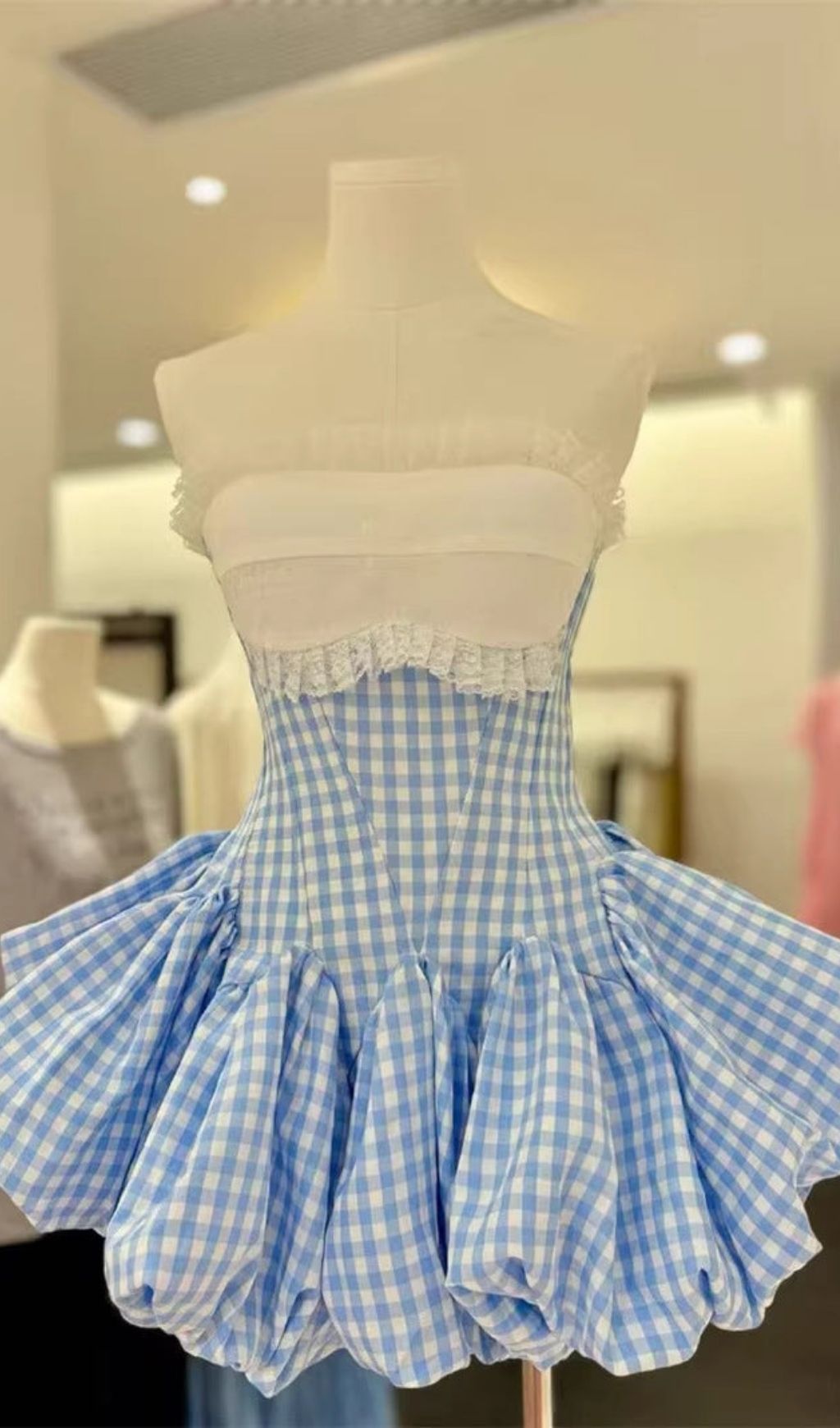 Stephanie Plaid Strapless Puffy Mini Dress – Blue - OWNCI Stephanie Plaid Strapless Puffy Mini Dress – Blue - OWNCI