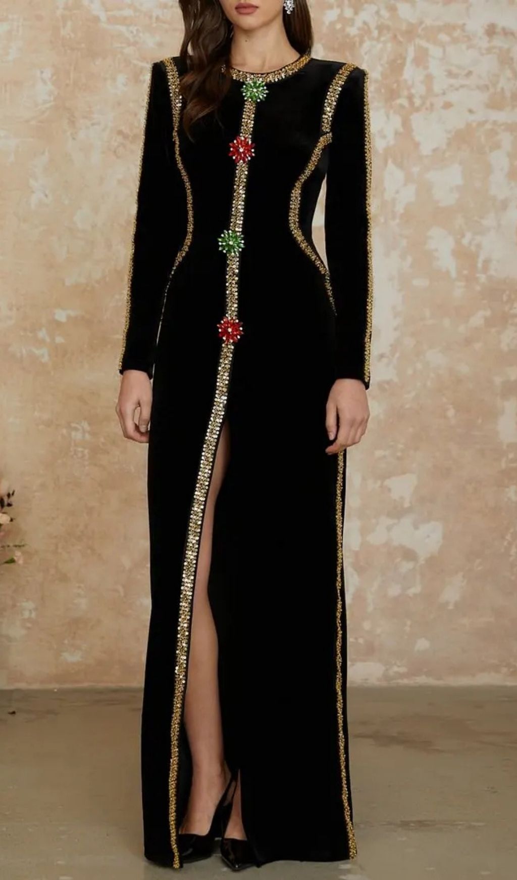 Lydia Black Crystal Embellished Front Slit Maxi Dress
