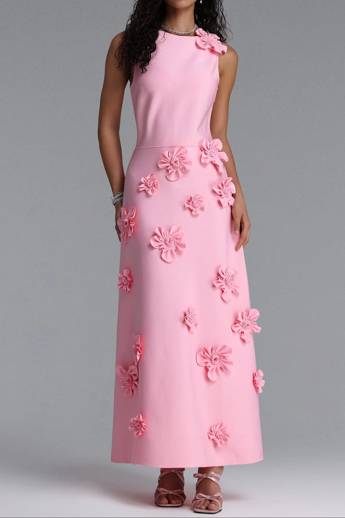 Sleeveless Round Neck 3D Floral Appliqué Straight Midi Dress
