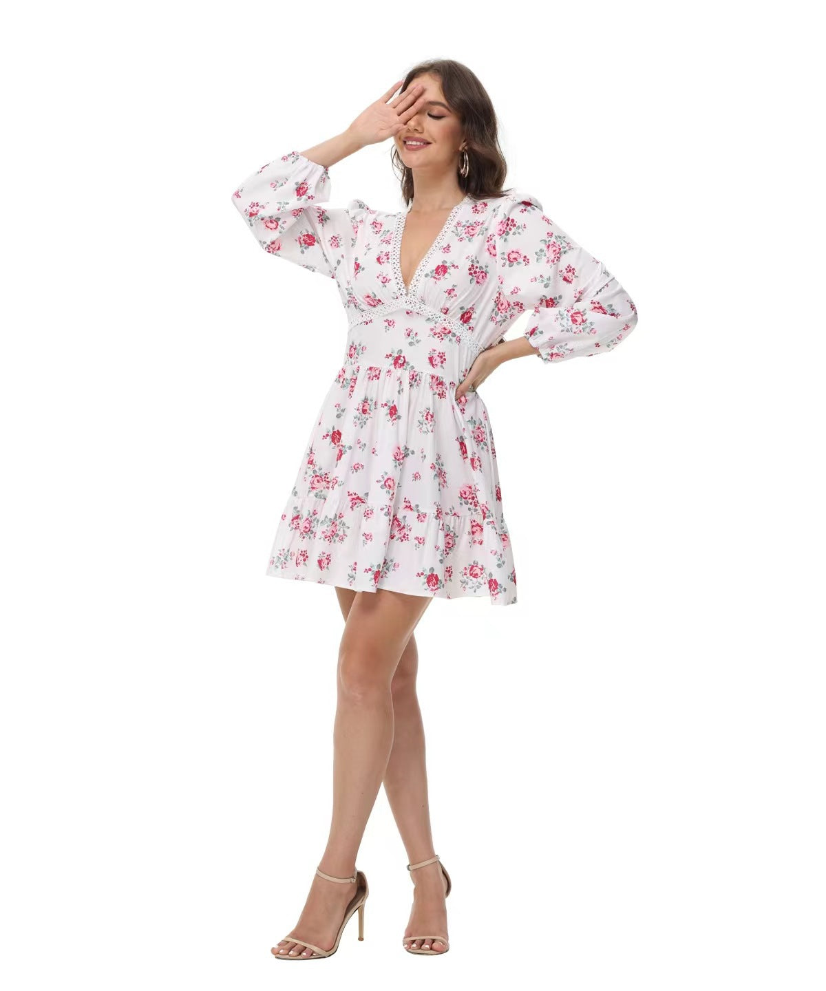 Printed V-Neck Puff Sleeve Lace Mini Dress - OWNCI Printed V-Neck Puff Sleeve Lace Mini Dress - OWNCI