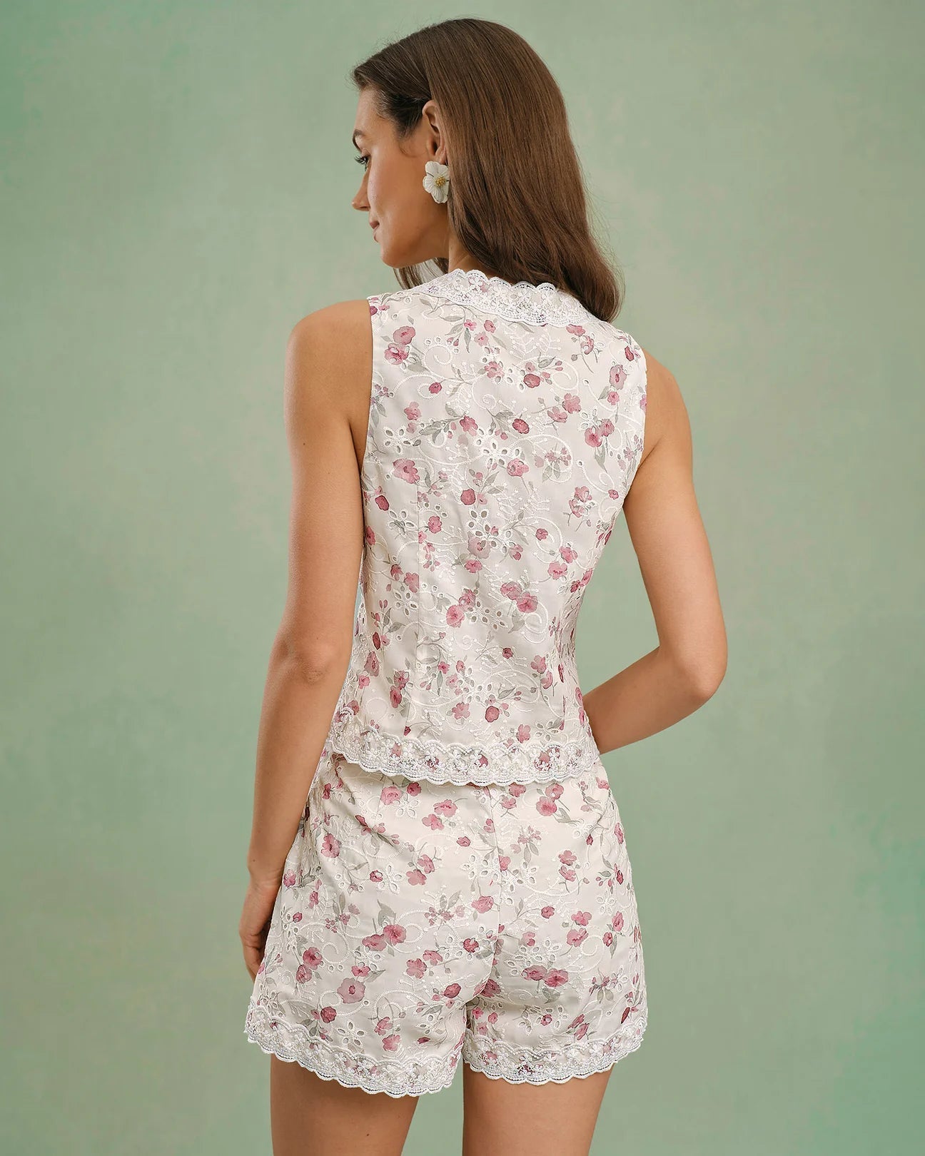 Hollow Floral Print Ves & Shorts Two-Piece Set