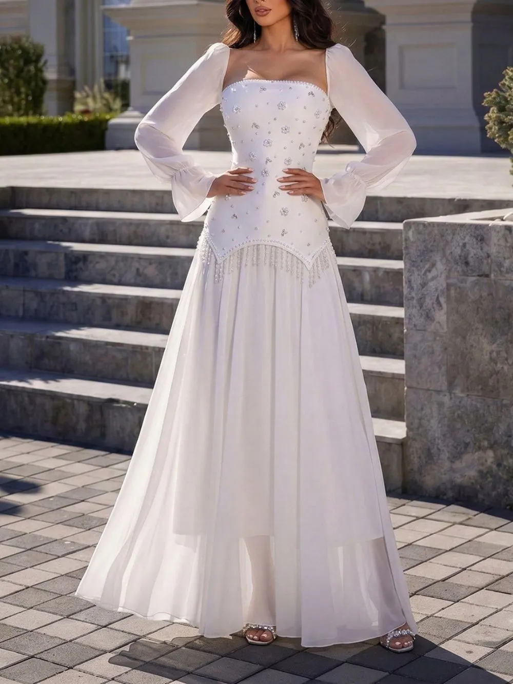b3347fc23d949ff2eca389aae449b46e Mamie White Long Sleeve Beaded Maxi Dress