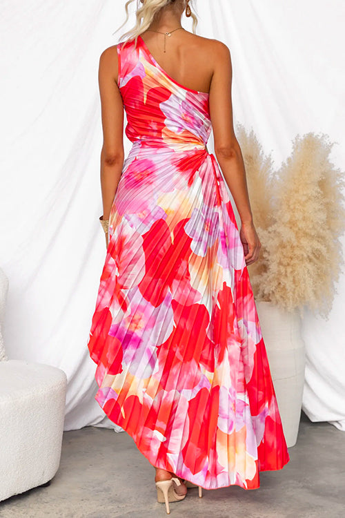 b345b929e51113dc57860a58695f0a7f One Shoulder Sleeveless Print Asymmetric Maxi Pleated Dress