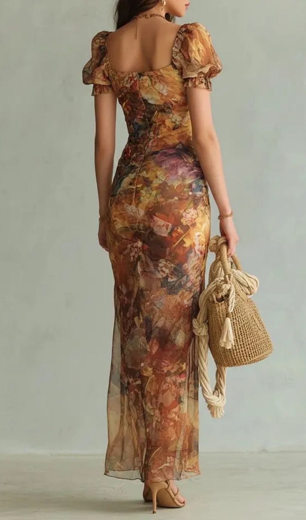 Fashionslee Women Orange Bohemian Holiday Oil Painting Print Chiffon Maxi Dress