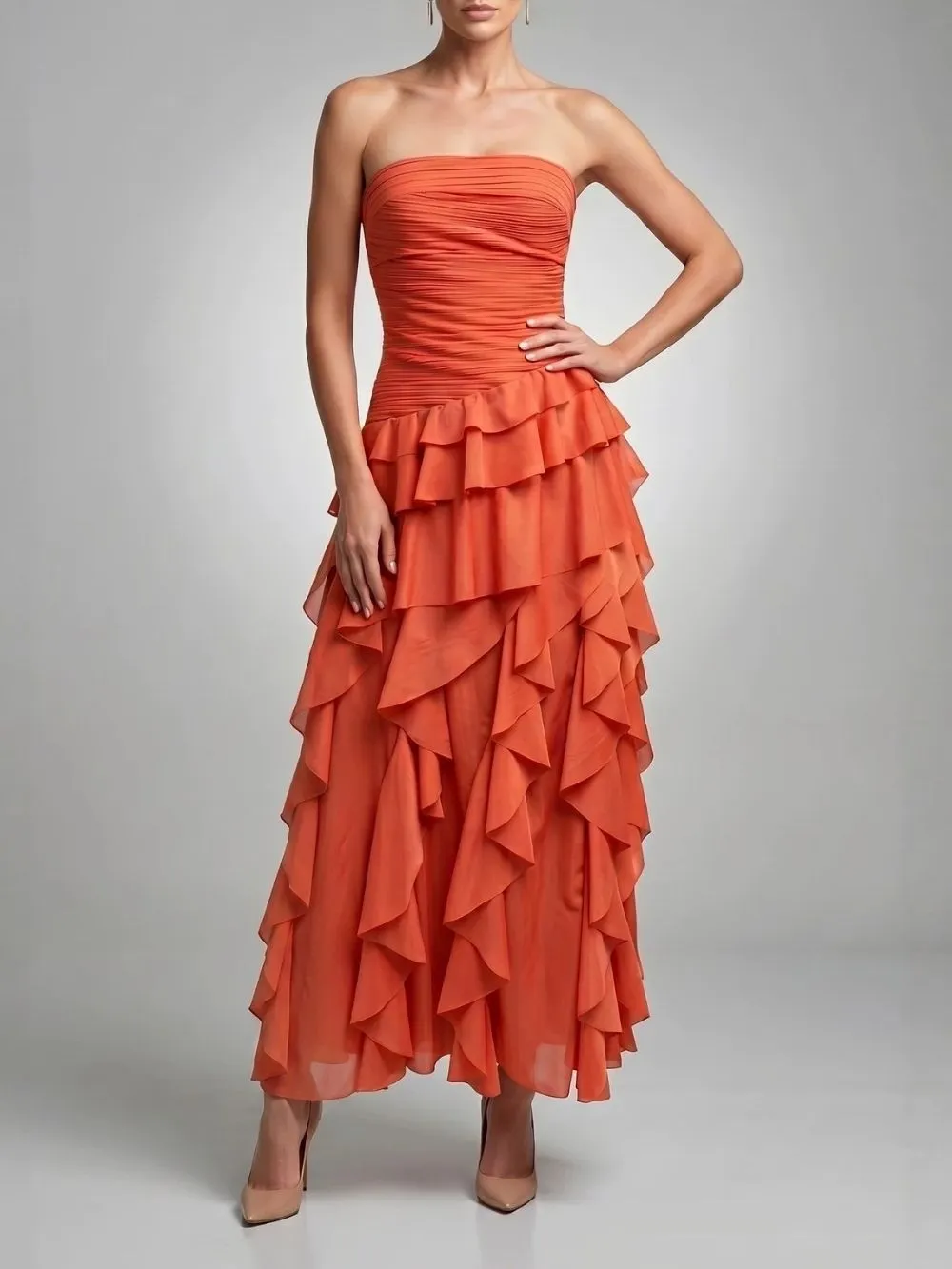 Maikulu Orange Strapless Ruffle Maxi Dress