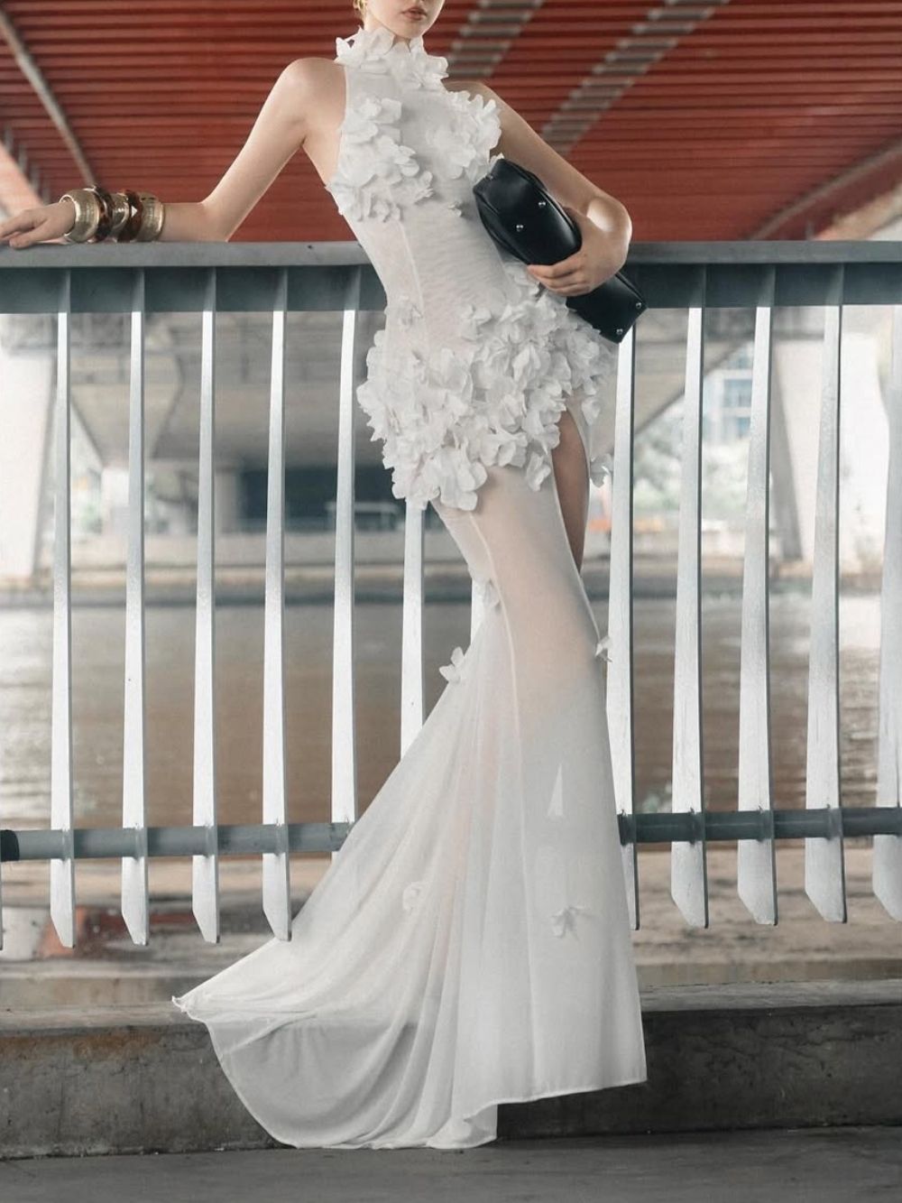 Fashionslee Women Madigan White Halter Flower Embellished Maxi Dress