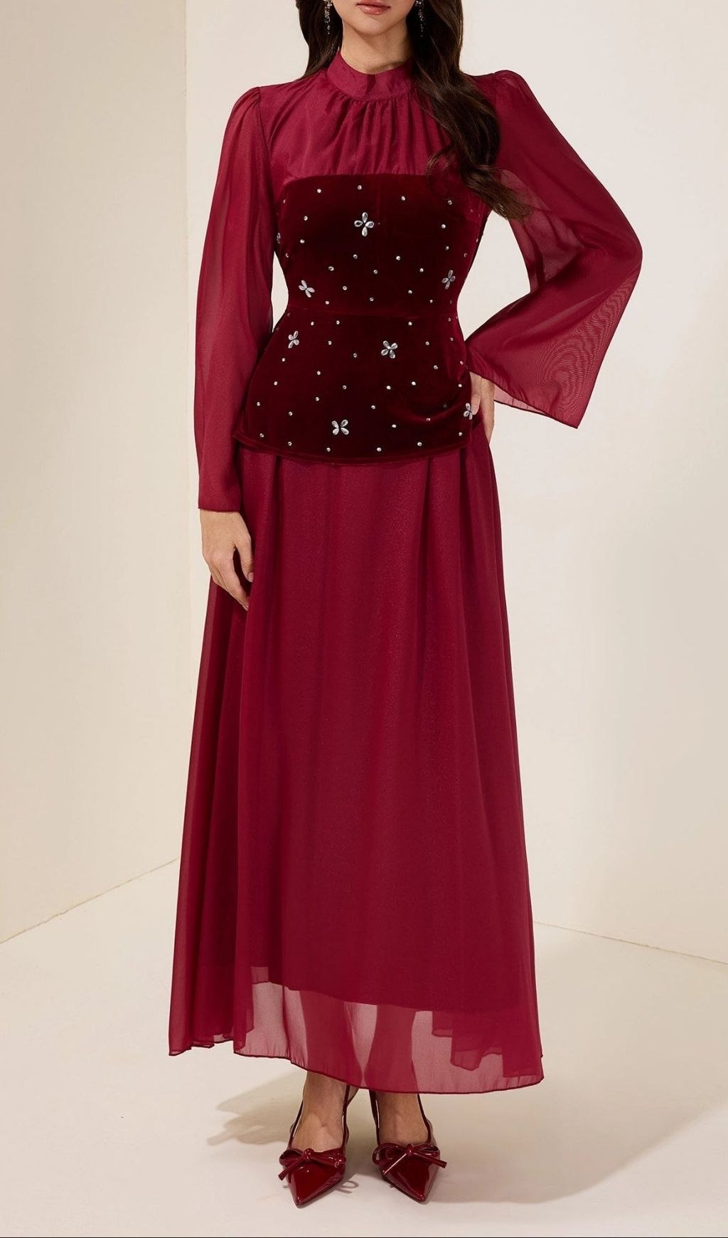 Caroline Rhinestone Velvet Splicing Maxi Dress - Burgundy