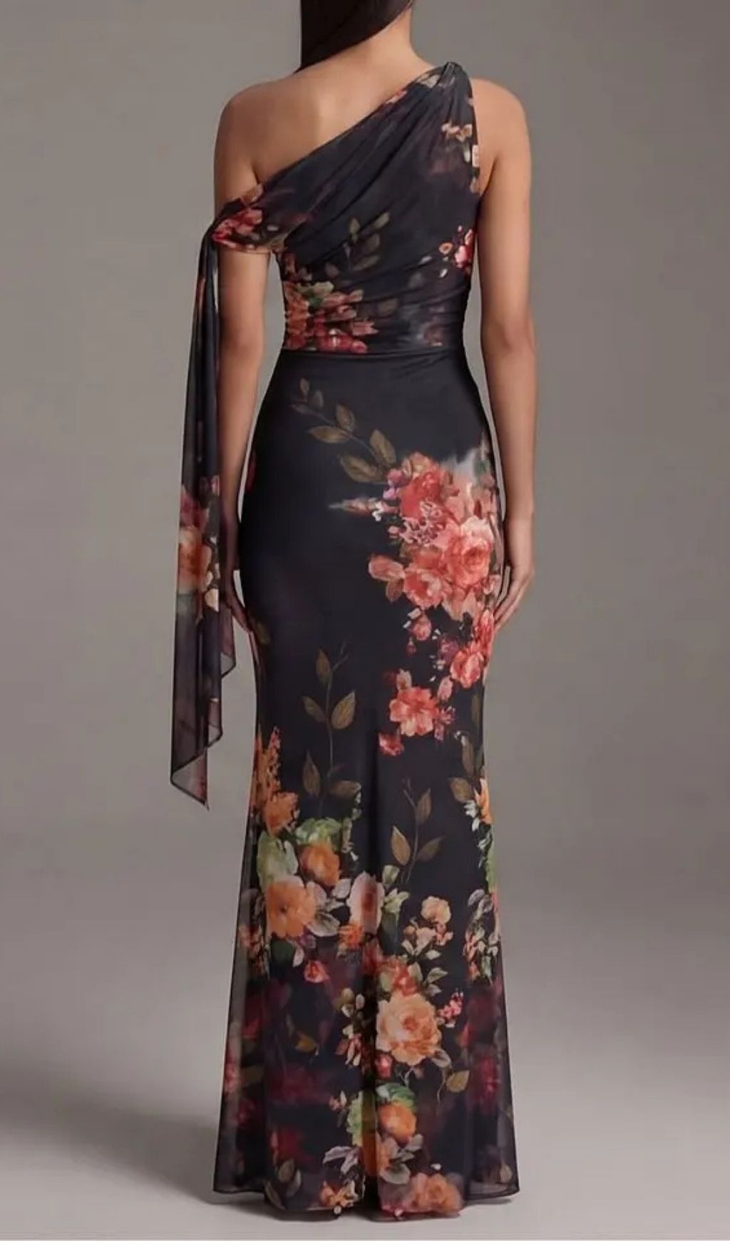 Fashionslee Women Black One-Shoulder Printed Pleated Chiffon Maxi Dress