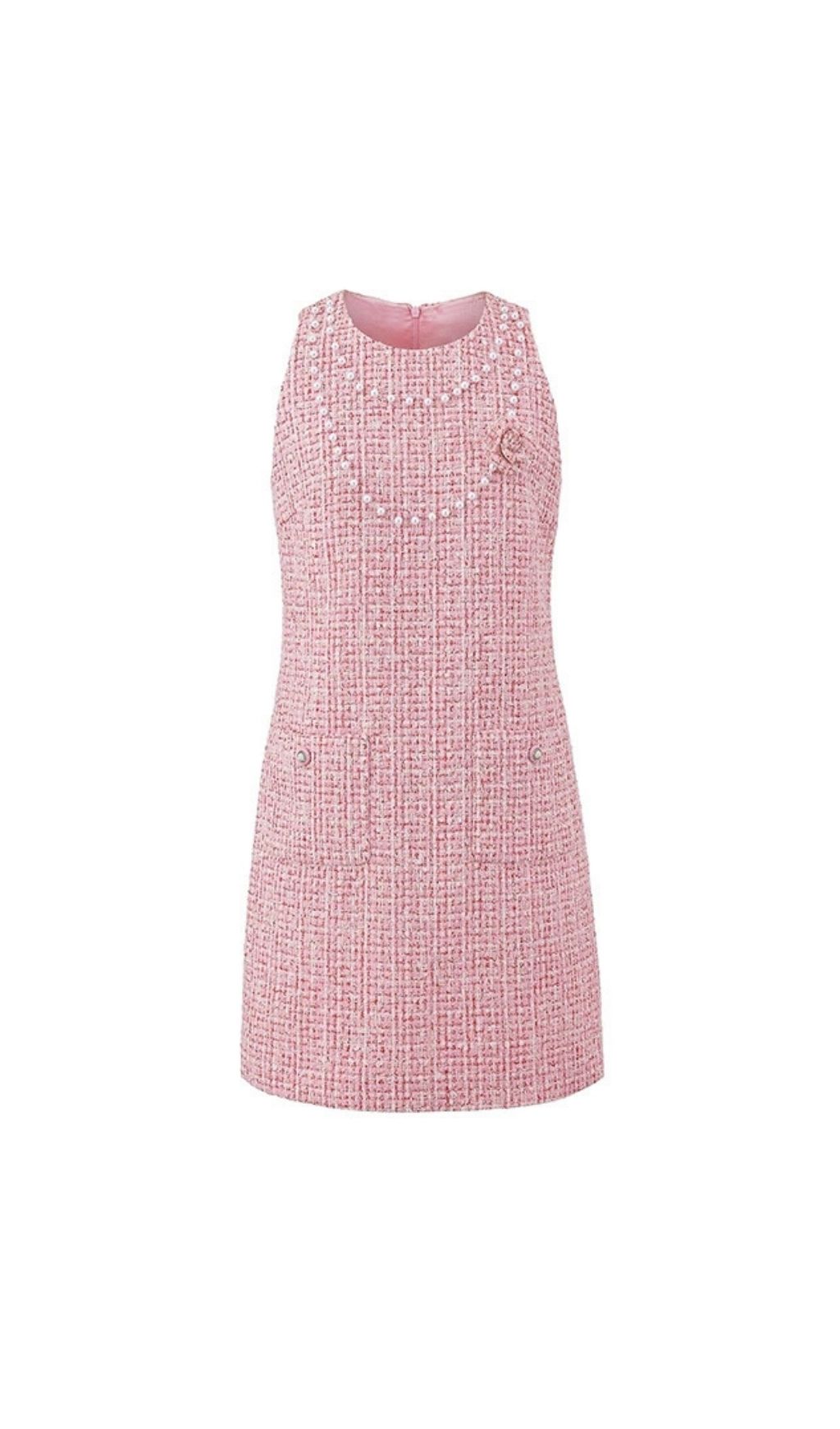 b460ed438a8d545a874536dc8190302f Laurel Pink Flower Sleeveless Tweed Mini Dress With Pearl Trim