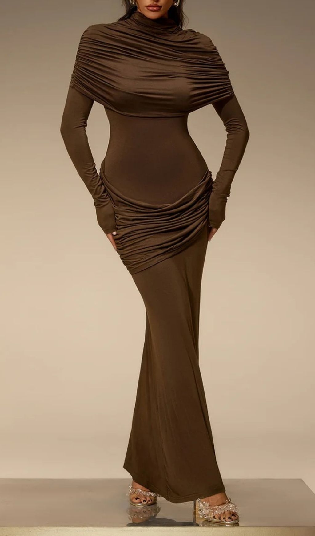 Fashionslee Women Cavero Cape Ruched Maxi Dress