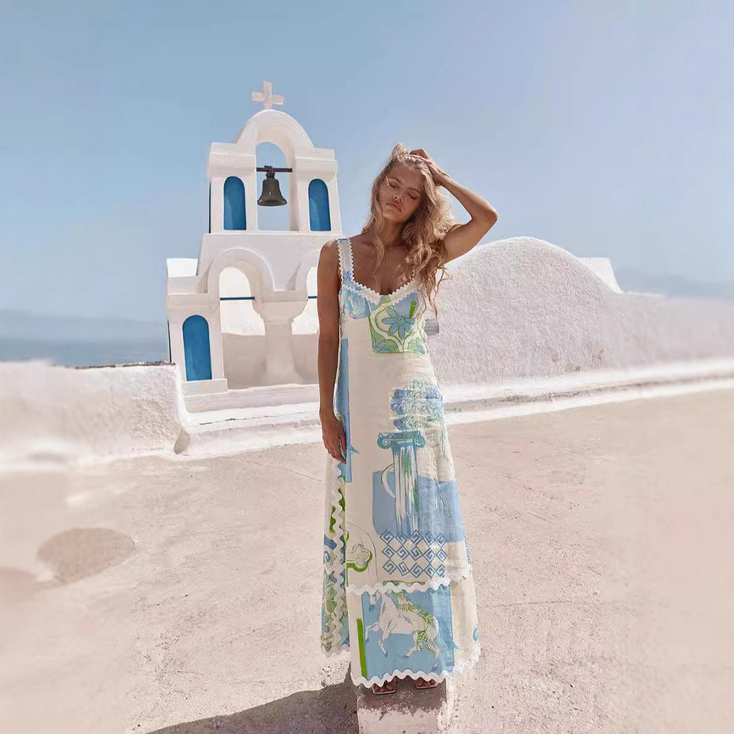 Linen Print Backless Bow Tie Dress